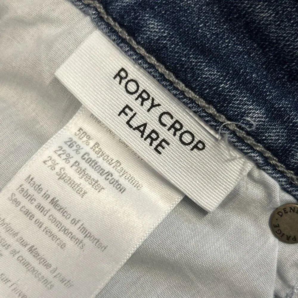 Paige Rory Crop Flare Jeans Womens 30 Blue Wash High Rise Raw Hem Stretch Denim